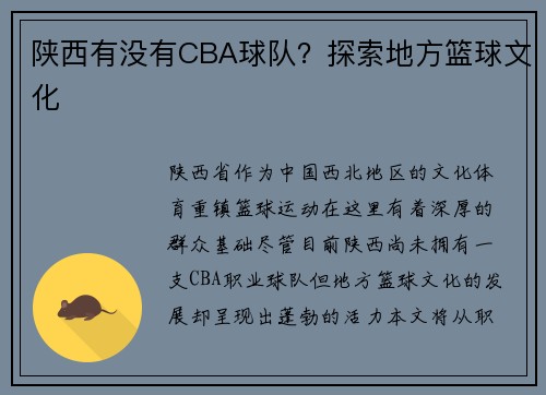 陕西有没有CBA球队？探索地方篮球文化