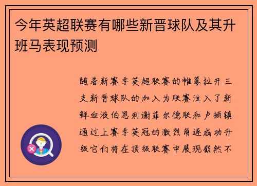 今年英超联赛有哪些新晋球队及其升班马表现预测